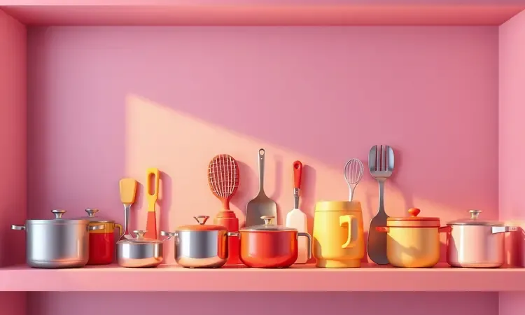 Arranjo minimalista e colorido de diversos eletrodomésticos de cozinha estilizados em uma prateleira moderna.