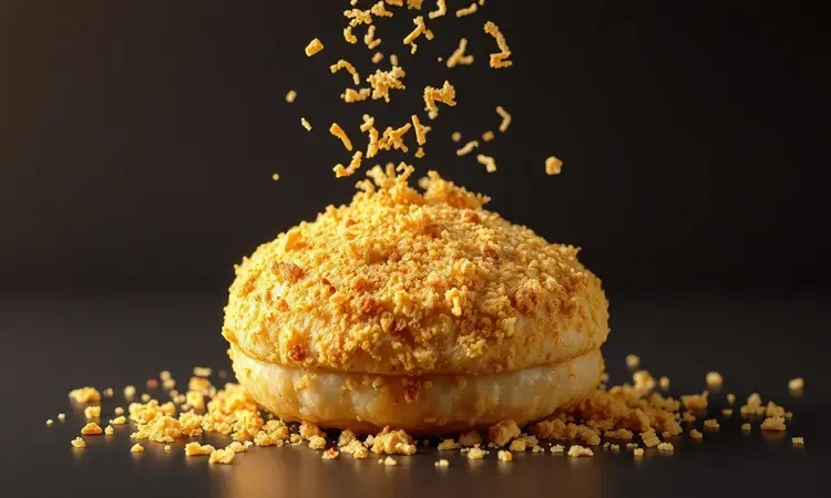 Visualização conceitual de farinha panko dourada criando uma camada crocante sobre um hambúrguer de frango.