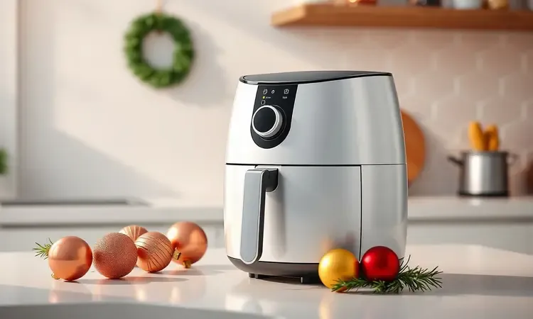 Uma airfryer moderna e minimalista em uma bancada de cozinha decorada para o Natal com luzes suaves.