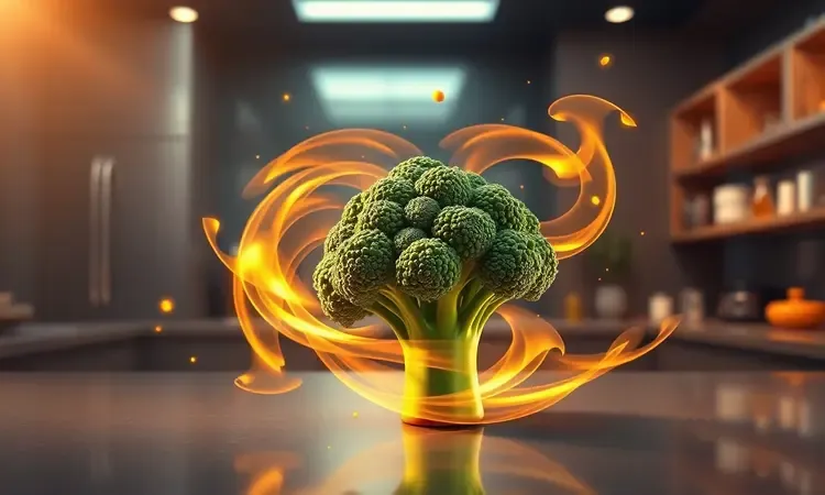 Ilustração conceitual de correntes de ar quente circulando perfeitamente ao redor de um brócolis vibrante.