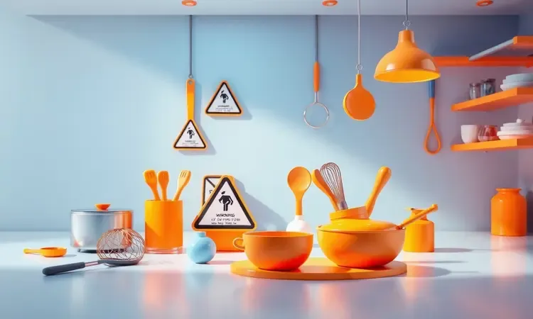 Infográfico conceitual em 3D sobre erros comuns ao usar acessórios na airfryer com iluminação dinâmica.