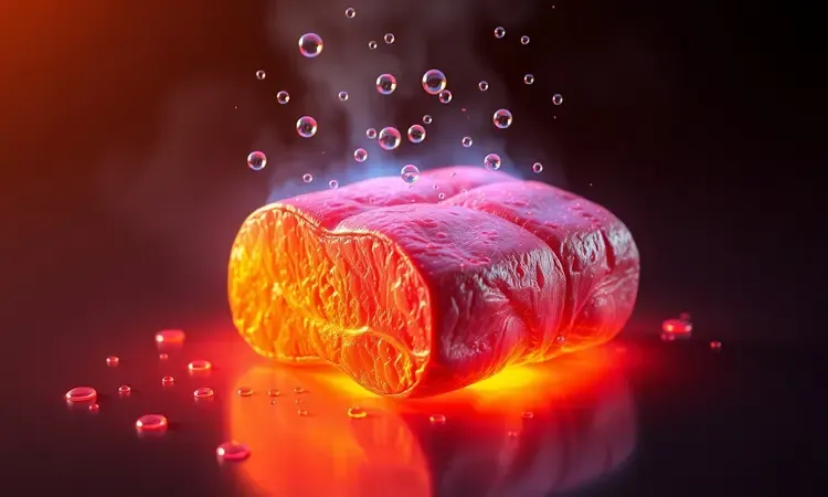 Representação visual 3D de calor e umidade sobre uma peça de carne, ilustrando erros comuns de cozimento.