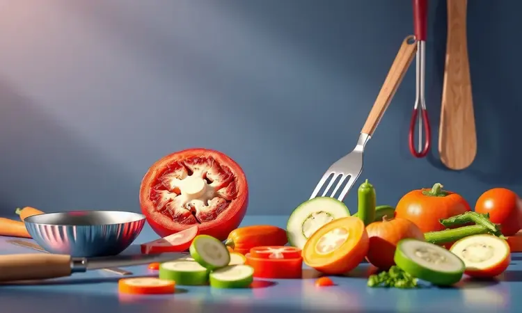 Elementos conceituais de cozinha em 3D representando cuidado e precisão no preparo de alimentos.