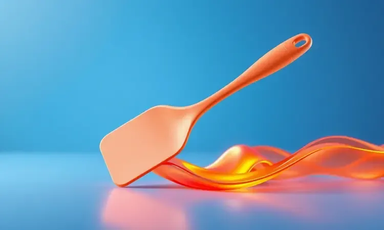 Espátula de silicone em um cenário artístico com tons de azul e laranja, simbolizando cuidados com o calor.