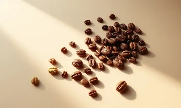 Composição artística 3D de grãos de café em diferentes estágios de torra sobre superfície minimalista.