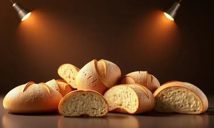 Comparação artística entre pães assados com diferentes texturas e cores em ambiente de cozinha 3D.