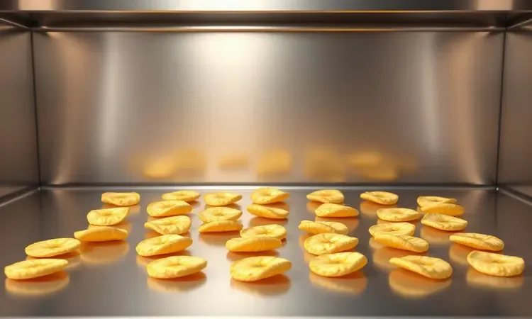 Visualização 3D de fatias de banana organizadas perfeitamente para circulação de ar ideal.