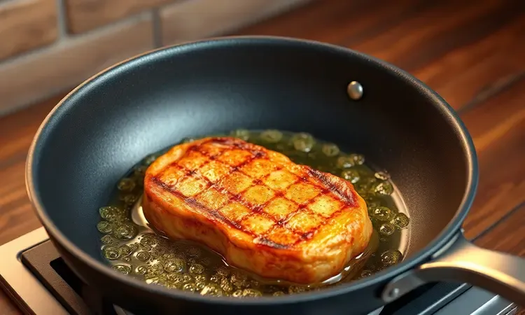 Renderização 3D de uma frigideira estilizada com óleo quente e um bife empanado dourado em destaque.
