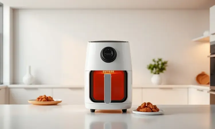Airfryer moderna em uma cozinha minimalista representada em estilo 3D para dicas de uso.