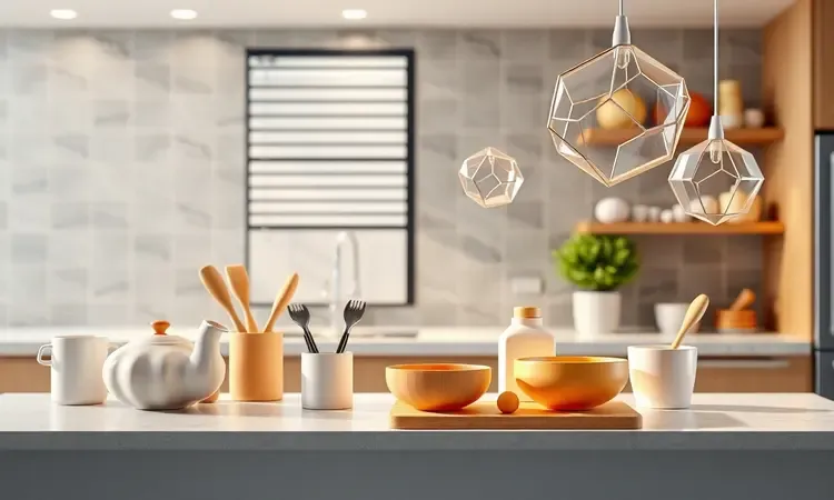 Cena conceitual em 3D de uma cozinha moderna com acessórios de silicone estilizados.