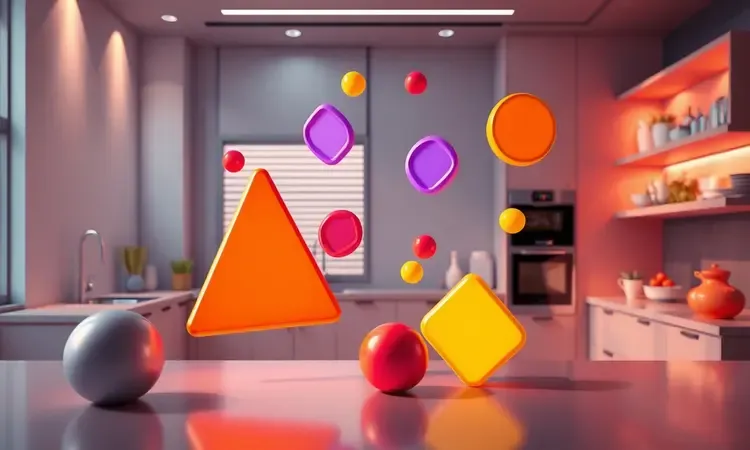 Arte conceitual 3D com cores vibrantes e formas abstratas sugerindo cautela e boas práticas na cozinha.