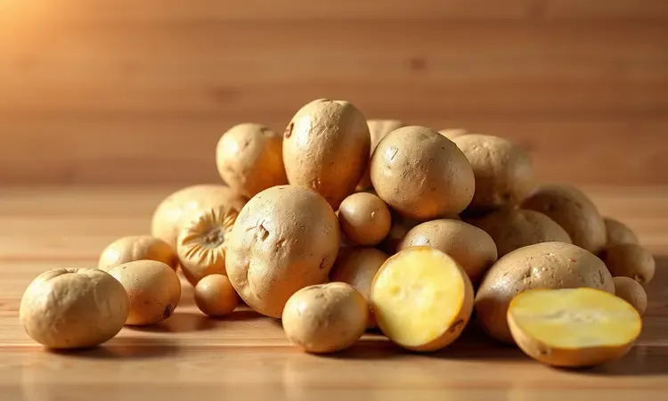 Diferentes tipos de batatas frescas dispostas sobre uma superfície de madeira sob iluminação suave e artística.