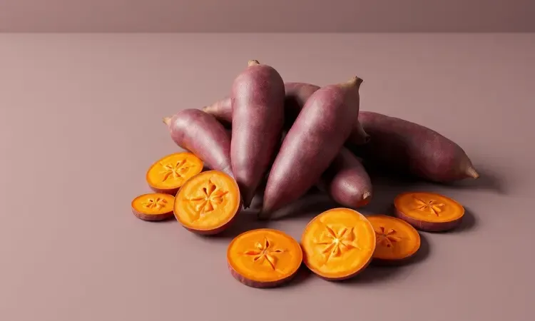 Variedades de batata-doce laranja e roxa organizadas de forma artística em estilo 3D.