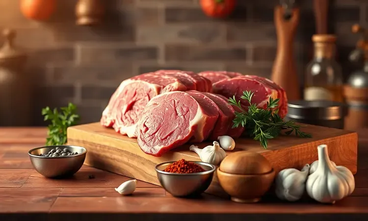Ingredientes frescos e carne moída de qualidade dispostos em uma bancada de cozinha moderna para preparar almôndegas.