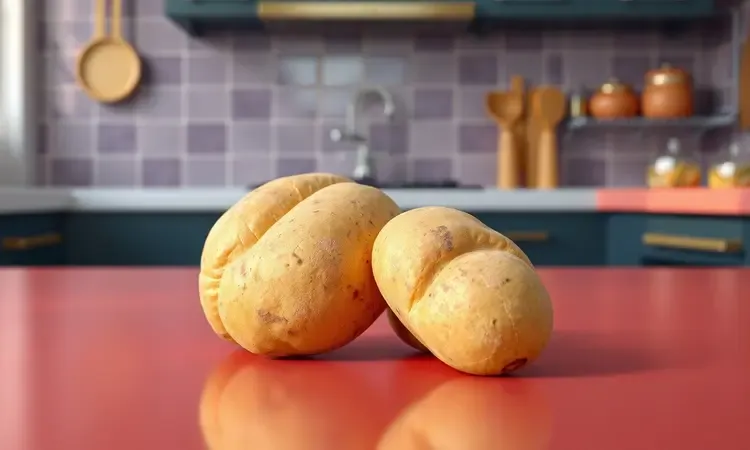Comparação artística 3D de dois tipos de batatas cruas sobre uma superfície minimalista e colorida.