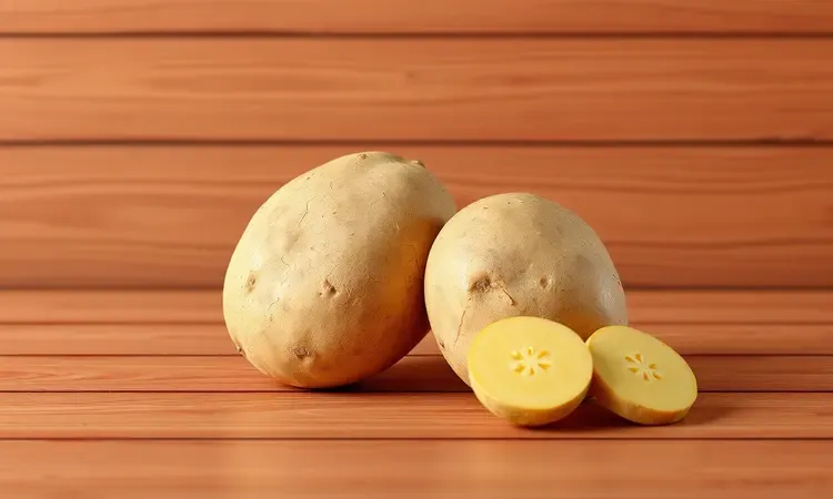 Batatas dos tipos Asterix e Monalisa dispostas de forma artística em uma superfície de madeira sob luz quente.