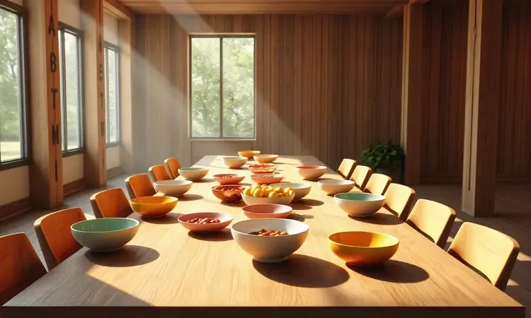Cena conceitual em 3D de uma mesa de jantar posta para muitas pessoas, representando a capacidade ideal da air fryer.