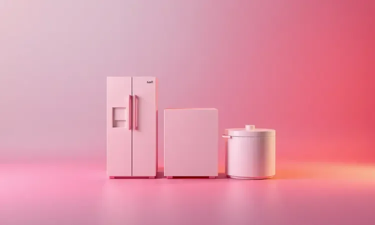 Três silhuetas minimalistas de eletrodomésticos em tamanhos variados representando diferentes capacidades de volume em 3D.