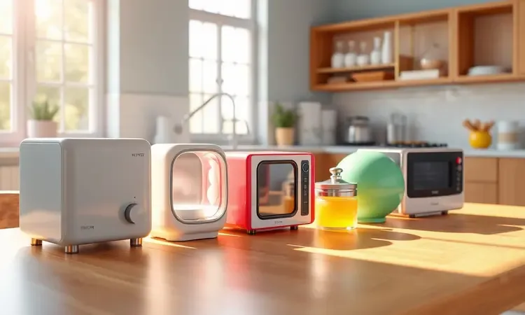 Cena conceitual 3D mostrando diferentes volumes geométricos em uma mesa de cozinha iluminada pelo sol.