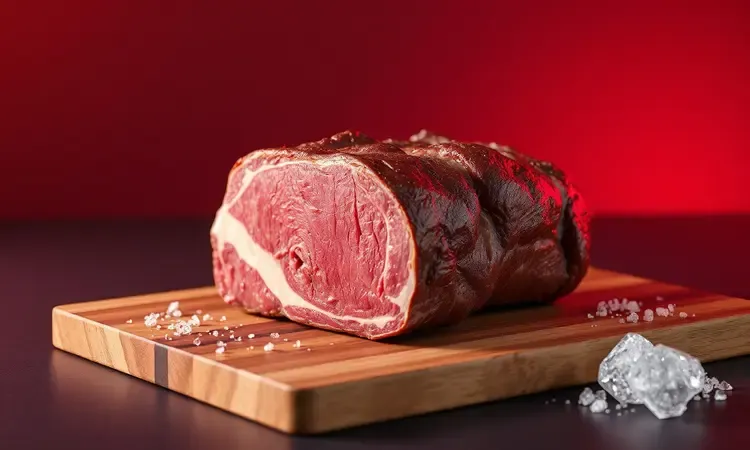 Peça de picanha crua de alta qualidade com camada de gordura ideal para preparar na fritadeira elétrica.