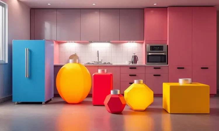 Cena 3D colorida com formas geométricas representando diferentes tamanhos e capacidades de eletrodomésticos para cozinha.