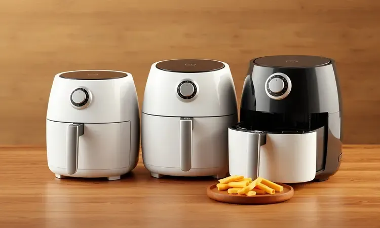 Comparativo visual de diferentes tamanhos e capacidades de fritadeiras elétricas para diferentes famílias.