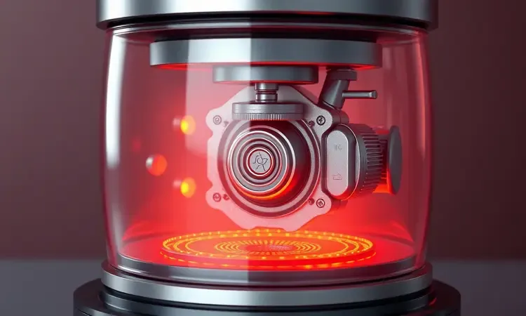 Representação artística 3D dos componentes internos e do sistema de aquecimento de uma air fryer gourmet.