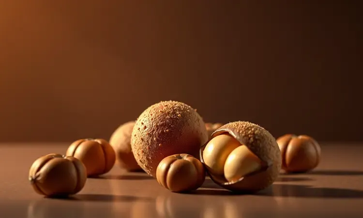 Representação visual de castanhas com textura perfeita e macia em ambiente de iluminação quente.