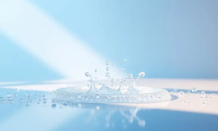 Superfície antiaderente limpa com gotas de água cristalinas em um ambiente 3D moderno e minimalista.