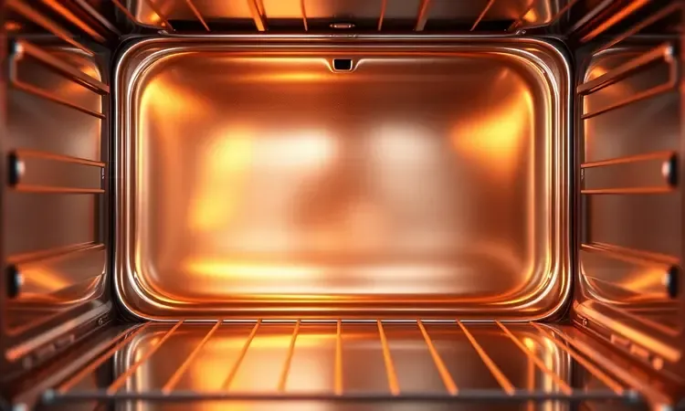 Interior de forno elétrico limpo e brilhante com superfícies metálicas impecáveis e iluminação quente.