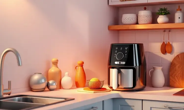 Representação 3D de uma air fryer em uma bancada de cozinha organizada, focando no espaço e design.