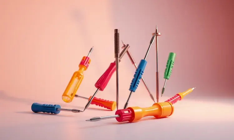 Conjunto de ferramentas coloridas e estilizadas como chaves de fenda flutuando em um fundo limpo e vibrante.