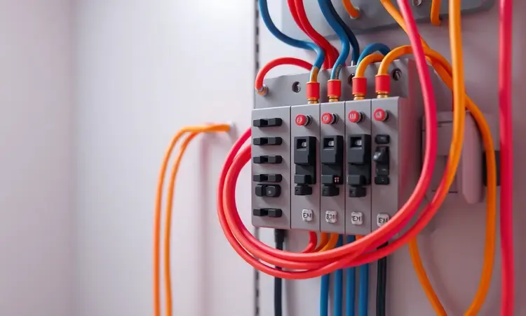 Ilustração 3D estilizada de fios elétricos coloridos e disjuntores modernos em um ambiente limpo e estético.