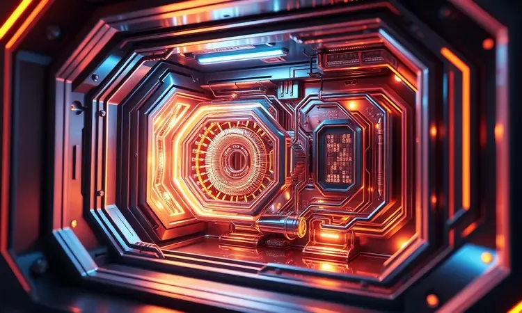 Representação 3D tecnológica e abstrata de componentes internos e potência de um eletrodoméstico moderno.