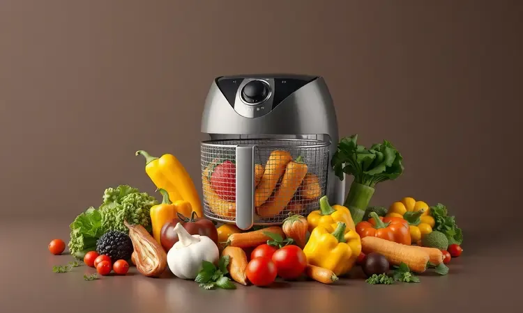 Representação artística de legumes frescos e coloridos organizados para uma alimentação saudável na air fryer.