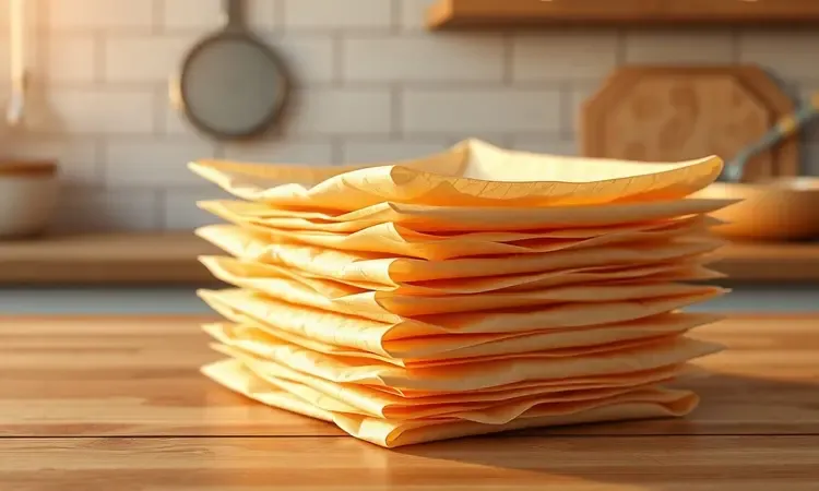 Pilha organizada de formas de papel descartáveis para airfryer em uma superfície de madeira.