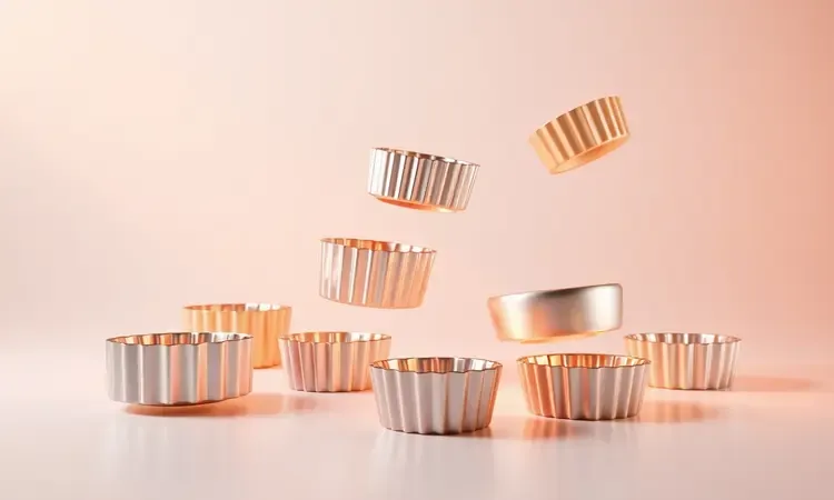 Diversas formas de pudim metálicas e coloridas organizadas em um ambiente de cozinha moderno e estilizado.