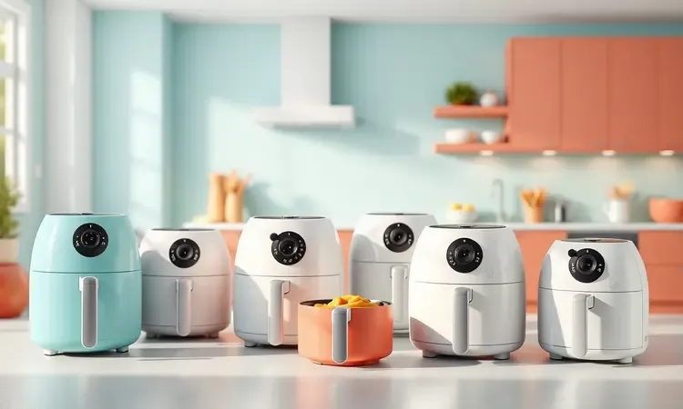Representação conceitual de diversas fritadeiras elétricas modernas em tamanhos variados em uma cozinha vibrante.