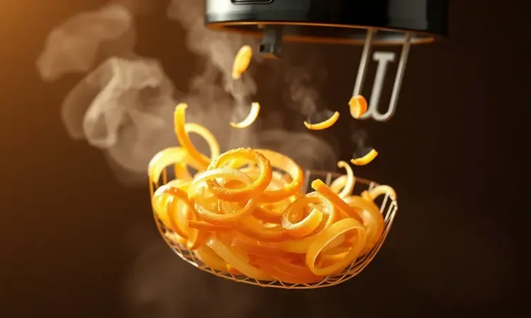 Cesto de airfryer genérica com fatias de cebola fritando e ficando douradas com efeito de luz quente.