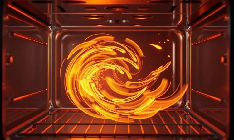 Visualização 3D conceitual do fluxo de ar dourado circulando dentro de um forno para criar crocância perfeita nos alimentos.