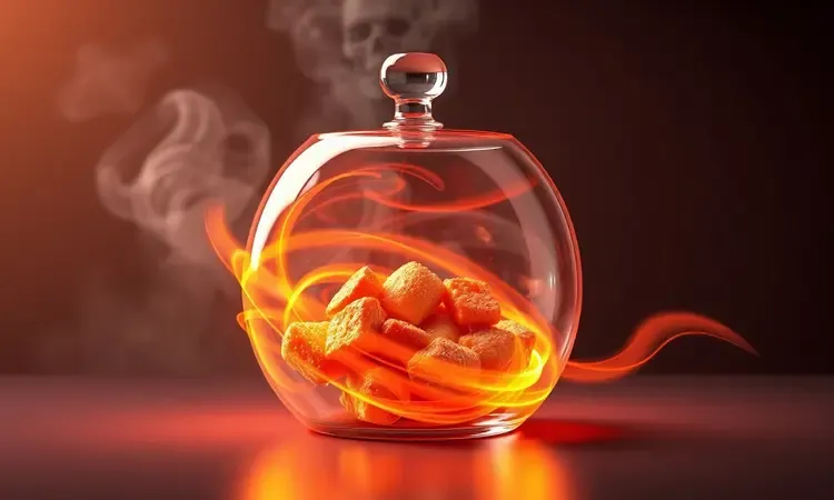 Ilustração 3D mostrando a circulação de ar quente e luzes alaranjadas dentro de uma câmara de vidro transparente.