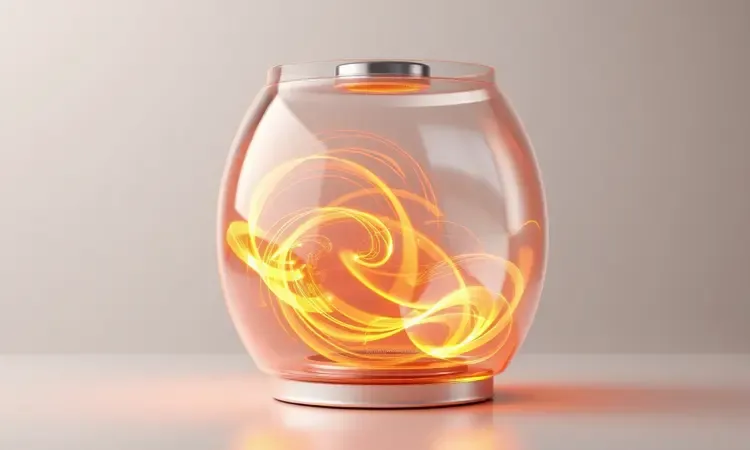 Representação conceitual em 3D do fluxo de ar quente circulando dentro de uma fritadeira elétrica sem óleo.