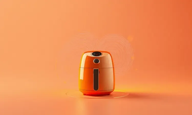 Representação visual abstrata de ondas sonoras e correntes de ar saindo de uma air fryer em estilo 3D vibrante.