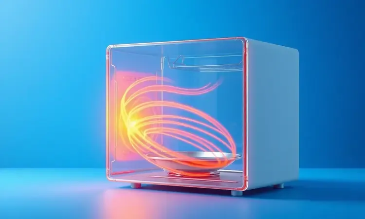 Ilustração 3D mostrando o fluxo de ar quente e convecção dentro de uma airfryer conceitual com cores vibrantes.