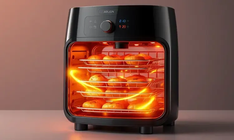 Ilustração conceitual de fluxo de ar quente circulando dentro de uma air fryer oven com prateleiras e alimentos saudáveis.