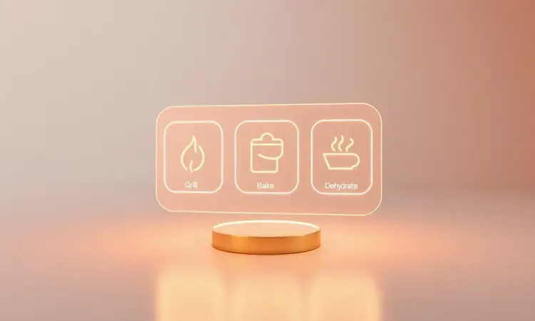 Representação 3D conceitual de uma interface digital com ícones brilhantes de funções de cozimento em um ambiente moderno.