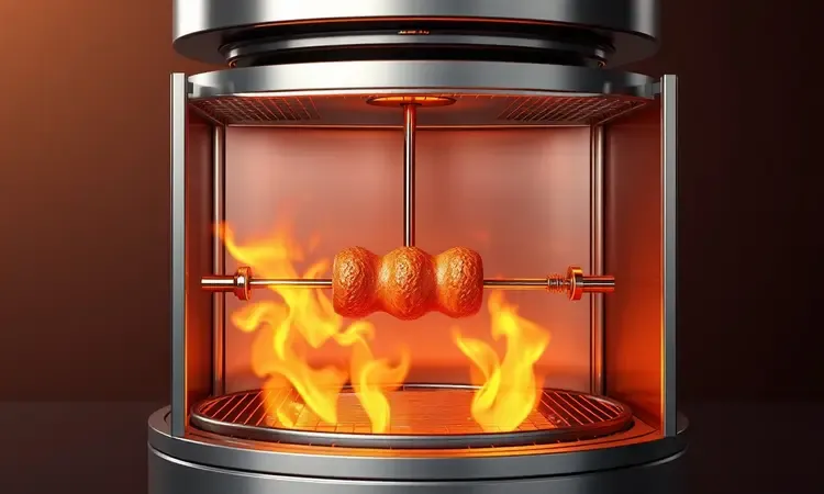 Ilustração conceitual 3D de uma grelha interna e espeto rotativo envoltos por uma aura de calor dourado.
