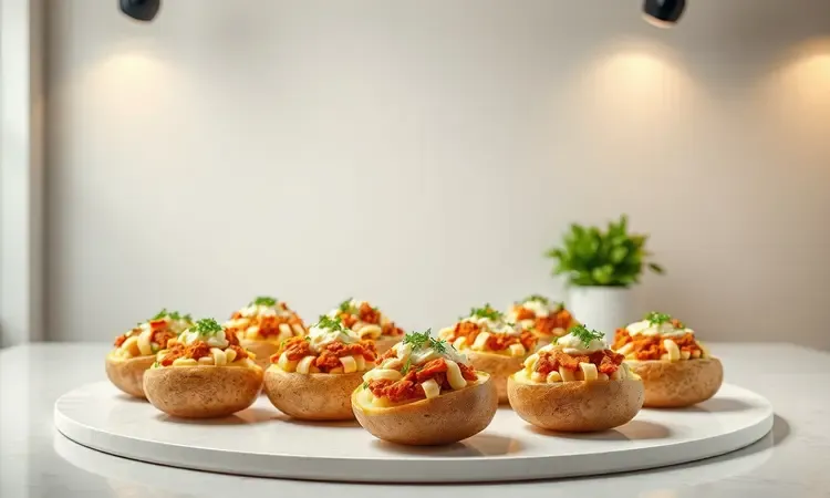 Várias batatas recheadas gourmet organizadas em uma apresentação atraente para delivery e vendas.