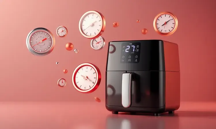Ícones conceituais 3D de temperatura e tempo flutuando ao redor de uma air fryer estilizada.