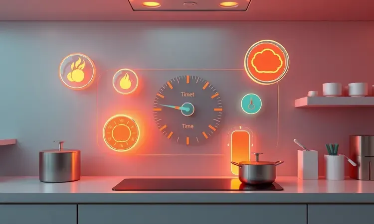 Ilustração 3D conceitual de ícones de controle de temperatura e tempo para fritadeira elétrica em ambiente moderno.